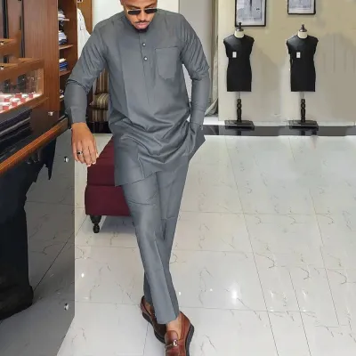 Men Casual Simple Long-Sleeve Kaftan Dress Slim Fit Pants 2-Piece Set