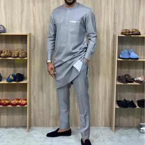 Men Casual Simple Long-Sleeve Kaftan Dress Slim Fit Pants 2-Piece Set