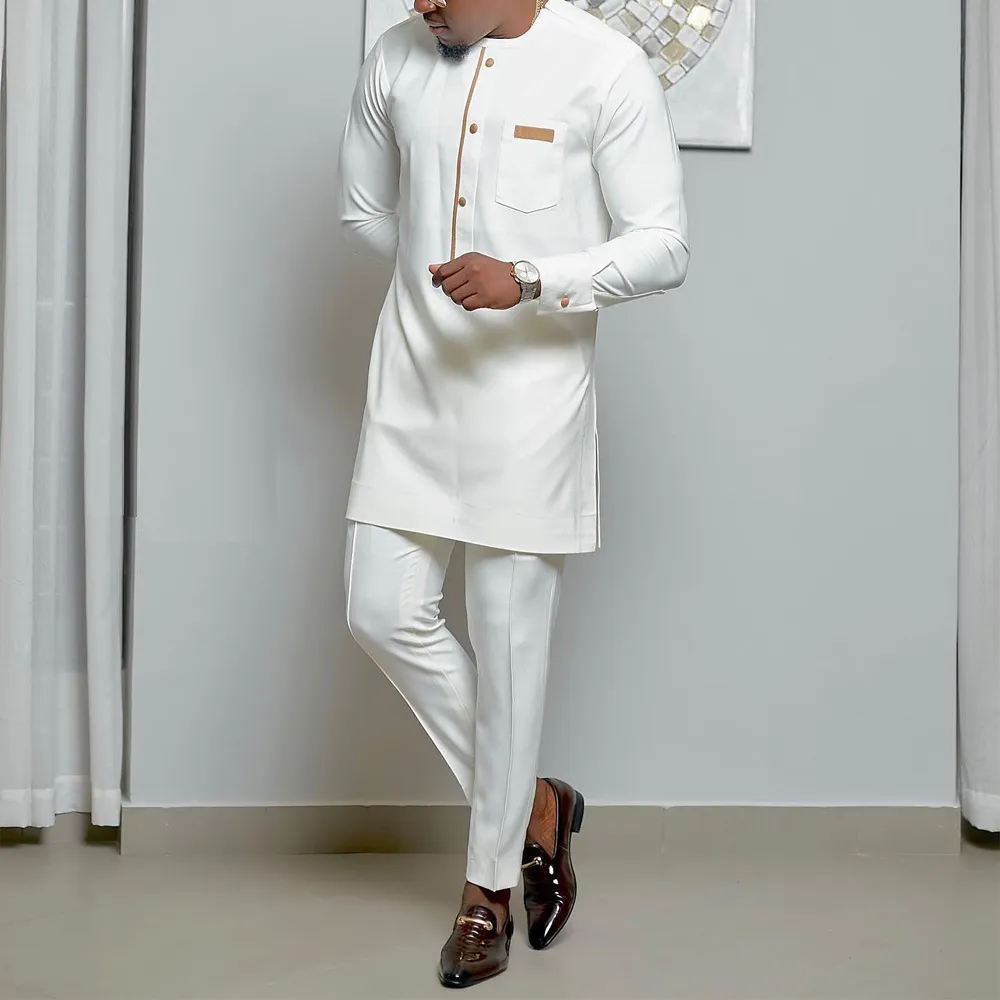 Men Casual Long-Sleeve Kaftan Dress Slim Fit Pants 2-Piece Set