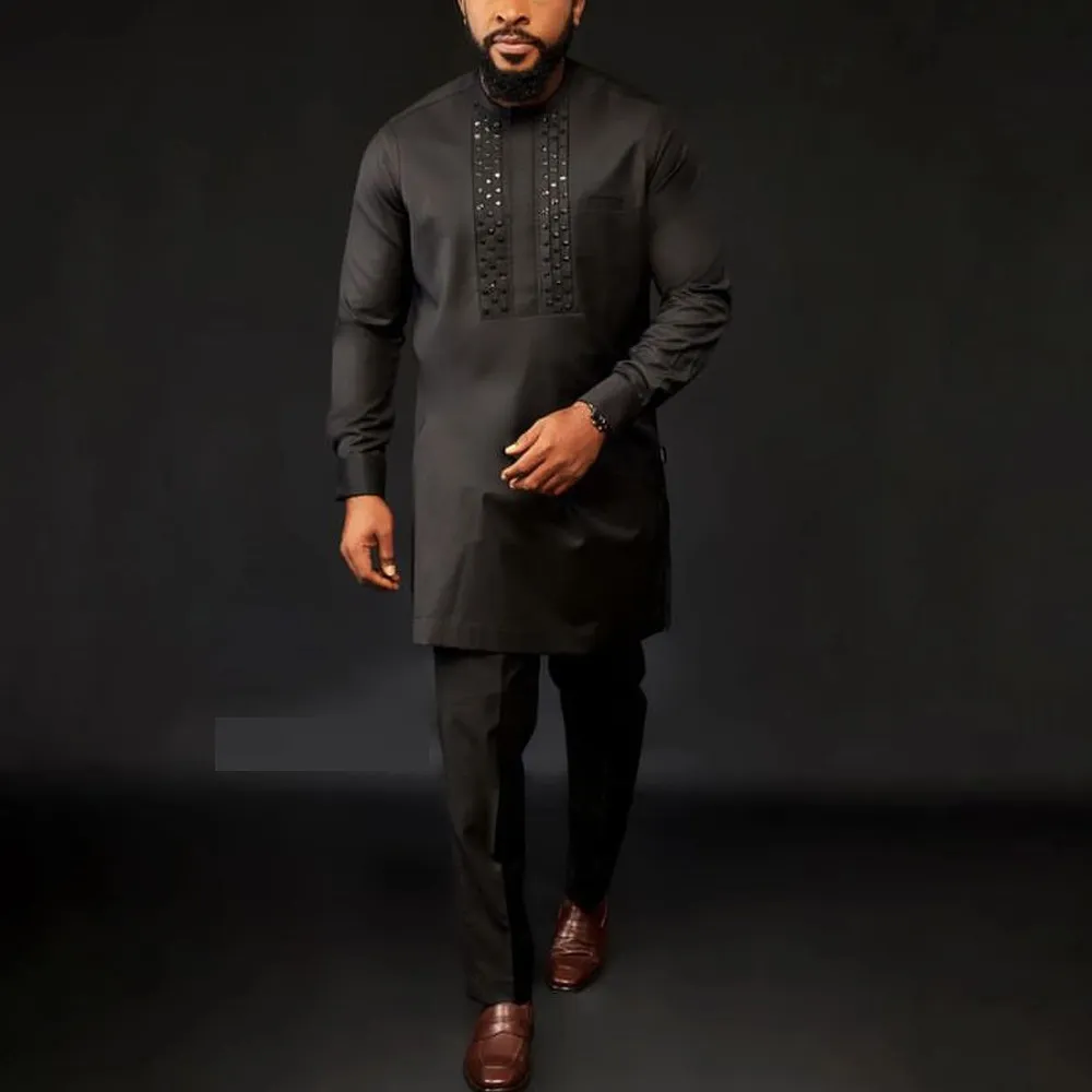 Men Casual Solid Color Jacquard Long-Sleeve Kaftan Dress Slim Fit Pants 2-Piece Set