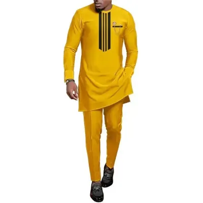 Men Casual Printed Long-Sleeve Kaftan Dress Slim Fit Pants 2-Piece Set