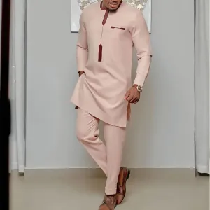 Men Fashion Casual Long-Sleeve Kaftan Dress Slim Fit Pants 2-Piece Set