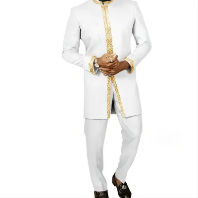 Men Fashion Casual Printed Slim Fit Long-Sleeve Kaftan Dress Pants 2-Piece Set