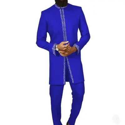 Men Fashion Casual Printed Slim Fit Long-Sleeve Kaftan Dress Pants 2-Piece Set
