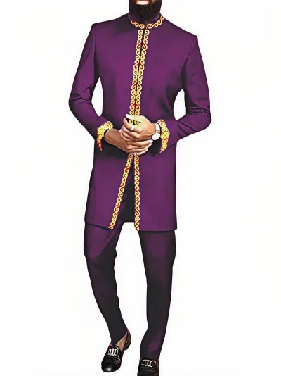 Men Fashion Casual Printed Slim Fit Long-Sleeve Kaftan Dress Pants 2-Piece Set