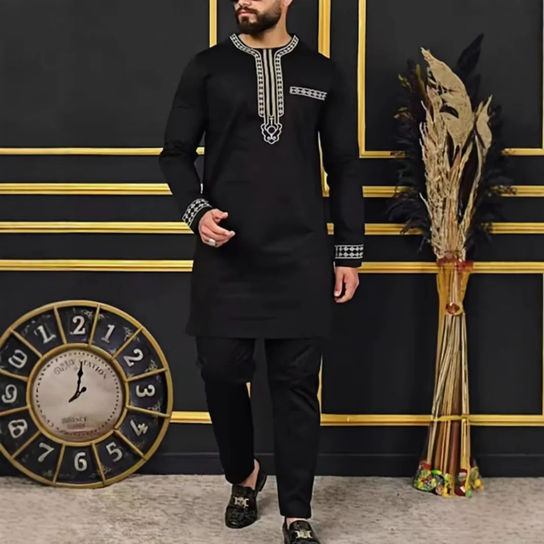 Men Fashion Casual Embroidered Long-Sleeve Kaftan Dress Slim Fit Pants 2-Piece Set