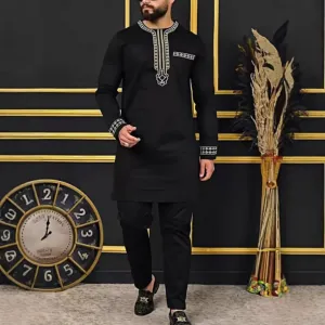 Men Fashion Casual Embroidered Long-Sleeve Kaftan Dress Slim Fit Pants 2-Piece Set