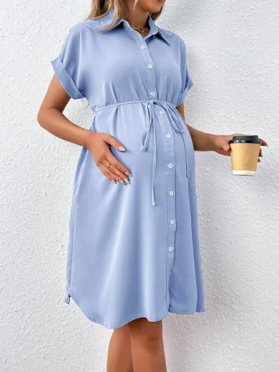 Pregnant Women Casual Solid Color Lapel Bat Sleeve Single Breasted Midi Dress