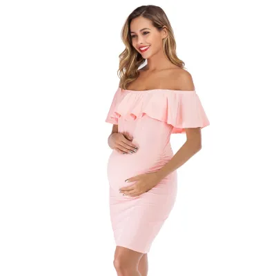 Pregnant Women Fashion Solid Color Ruffled Off Shoulder Slim-Fit Maternity Dress