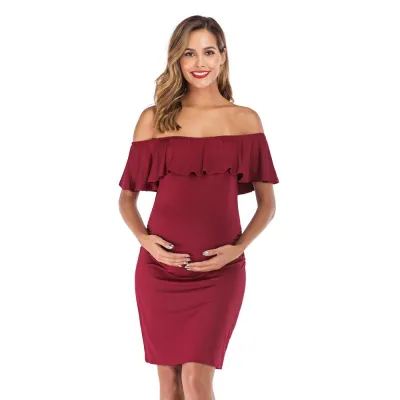 Pregnant Women Fashion Solid Color Ruffled Off Shoulder Slim-Fit Maternity Dress