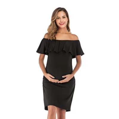Pregnant Women Fashion Solid Color Ruffled Off Shoulder Slim-Fit Maternity Dress