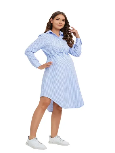 Pregnant Women Casual Fishtail Skirt Long Sleeve Single Breasted Dress