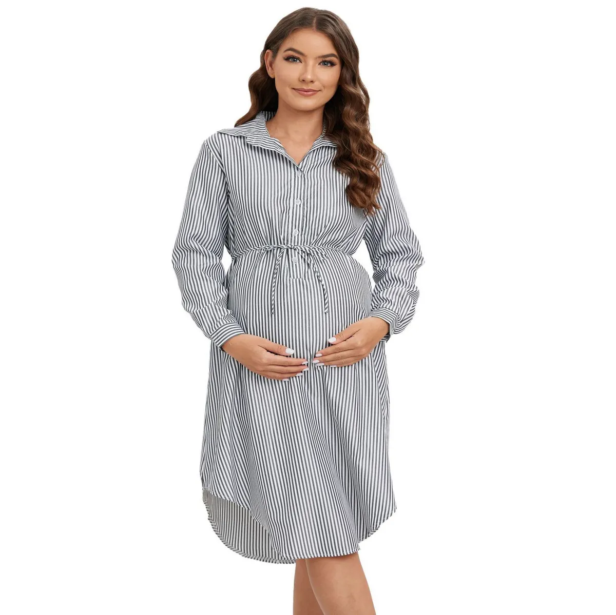 Pregnant Women Casual Fishtail Skirt Long Sleeve Single Breasted Dress