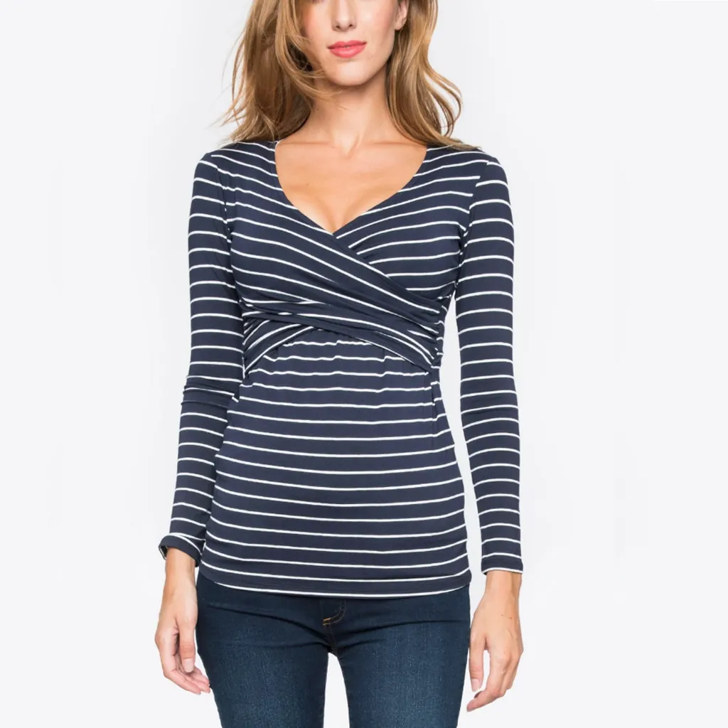 Pregnant Woman Casual Stripe V-Neck Long-Sleeve Breastfeeding T-Shirt