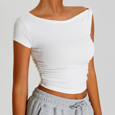Women's Slim-Fit Irregular Sports T-Shirt Casual Solid Color Short Sleeve Top