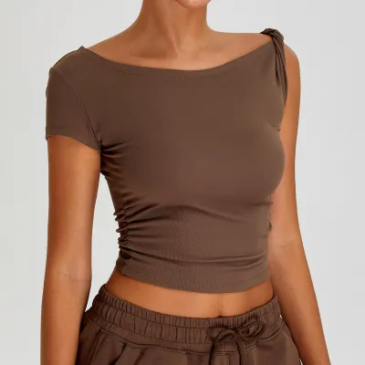 Women's Slim-Fit Irregular Sports T-Shirt Casual Solid Color Short Sleeve Top