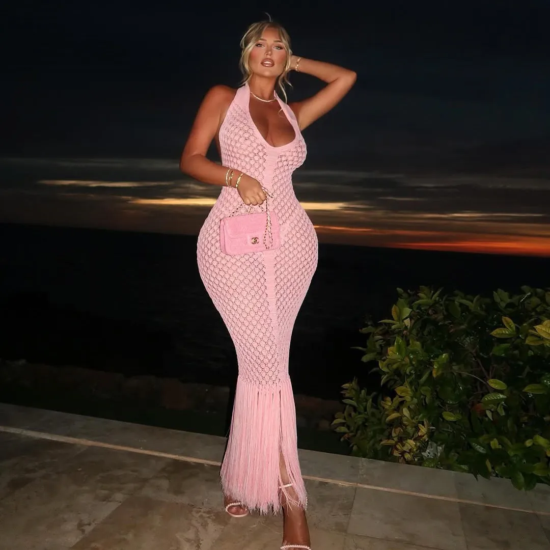 Women Sexy Halter-Neck Backless Knitted Tassel Slim Dress