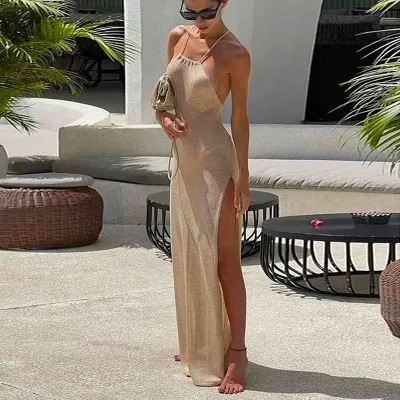 Women Sexy Solid Color Knitted Halter-Neck Backless Side Slit Maxi Dress