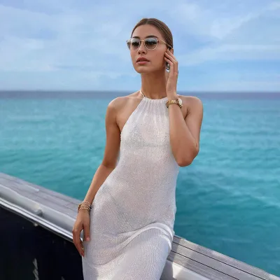 Women Sexy Solid Color Knitted Halter-Neck Backless Side Slit Maxi Dress