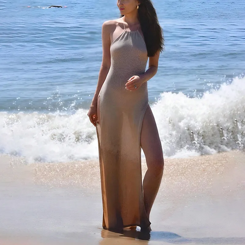Women Sexy Solid Color Knitted Halter-Neck Backless Side Slit Maxi Dress