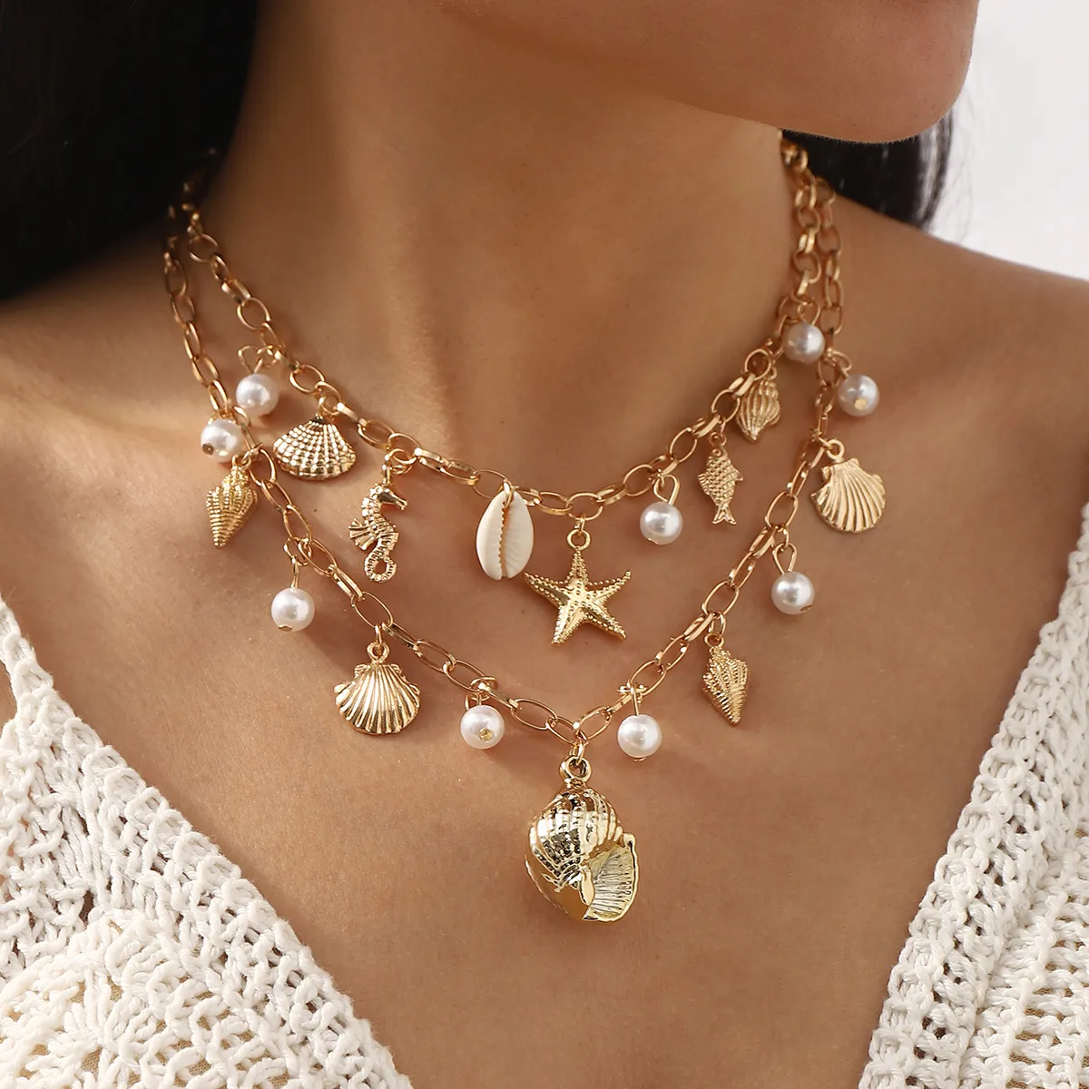 Fashion Summer Marine Elements Pearl Shell Tassel Necklace