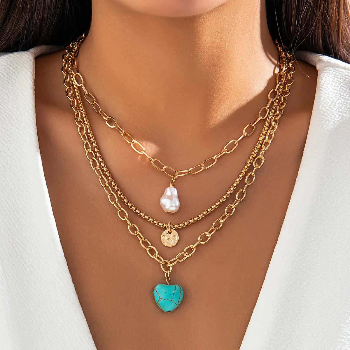 Fashion Baroque Imitation Pearl Multilayer Alloy Cross Chain Heart Pendant Necklace