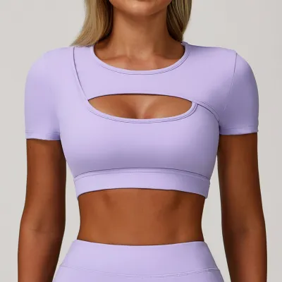 Women's Casual Solid Color Short-Sleeve Hollow-Out Yoga Sports T-Shirt