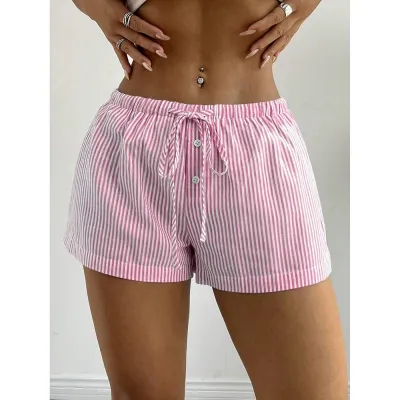 Casual Women Summer Stripe Drawstring Overalls Shorts