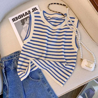 Ice Silk Stripe Knitted Women Summer Tank Top with Removable Straps