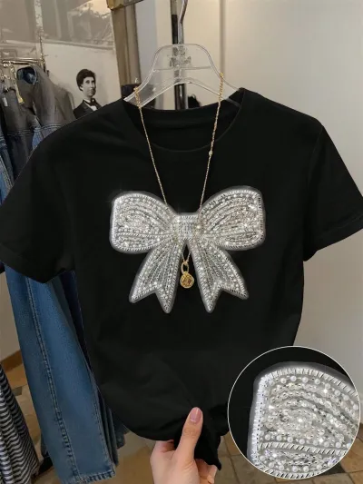 Women's Casual Loose Fit Bow Print Short Sleeve T-Shirt