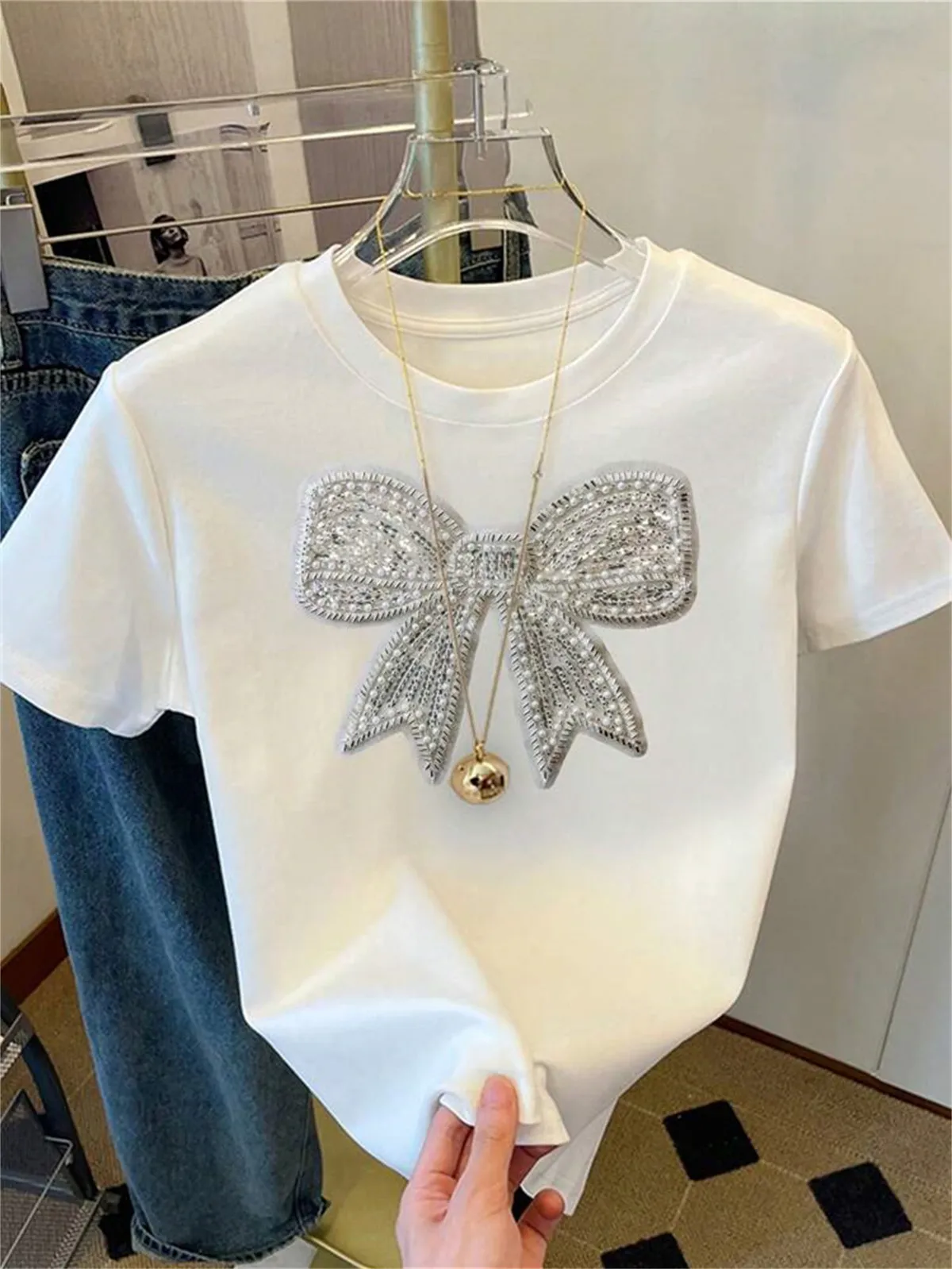 Women's Casual Loose Fit Bow Print Short Sleeve T-Shirt