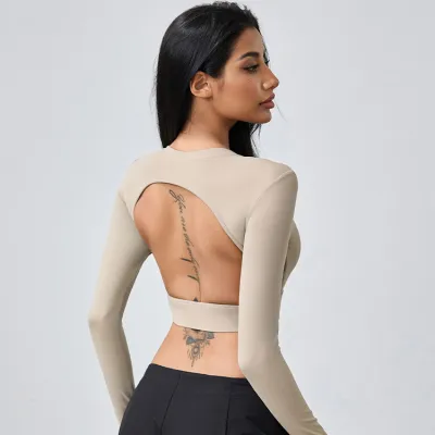Backless Hollow-Out Tight Sports Long-Sleeve Yoga T-Shirt