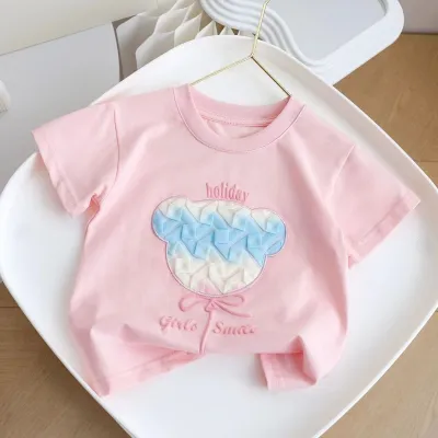 Girl's Cartoon Cotton Short Sleeve Crewneck T-Shirt For Kids Clothing