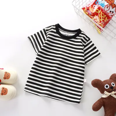 Summer Children's Fashionable Stripe Printed Short-Sleeved Cotton T-Shirt for Boys