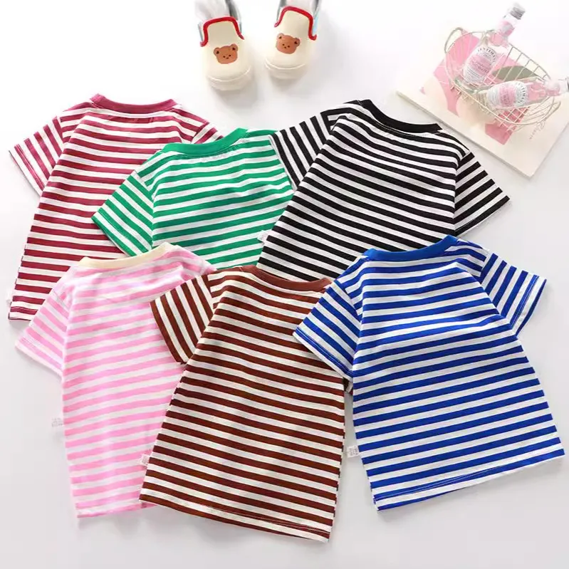 Summer Children's Fashionable Stripe Printed Short-Sleeved Cotton T-Shirt for Boys