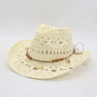 Summer Hollow Western Straw Woven Jazz Hat Bell Shape