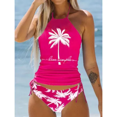 Women Coconut Tree Printed Backless Tankini Swimsuit
