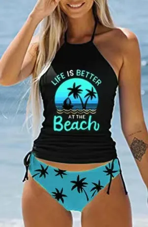 Women Coconut Tree Printed Backless Tankini Swimsuit