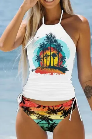 Women Coconut Tree Printed Backless Tankini Swimsuit