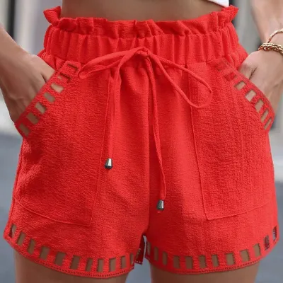 Women Casual Summer Cotton Linen Solid Color Hollow Hem Mid-Waist Shorts