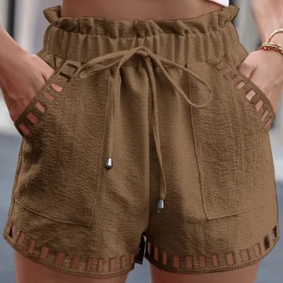 Women Casual Summer Cotton Linen Solid Color Hollow Hem Mid-Waist Shorts