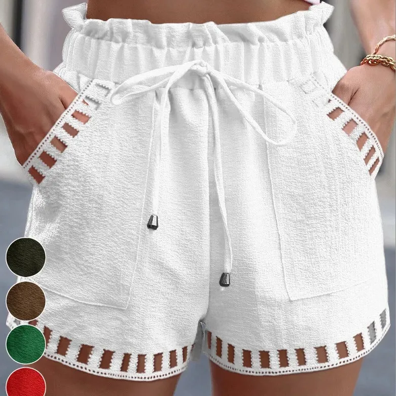 Women Casual Summer Cotton Linen Solid Color Hollow Hem Mid-Waist Shorts
