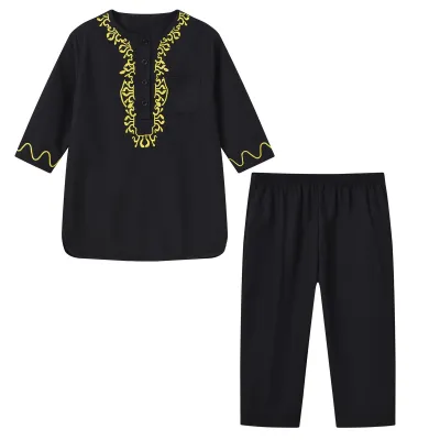 African Boys Embroidery Pattern Button Round Tie Pocket Kaftan Dress Set
