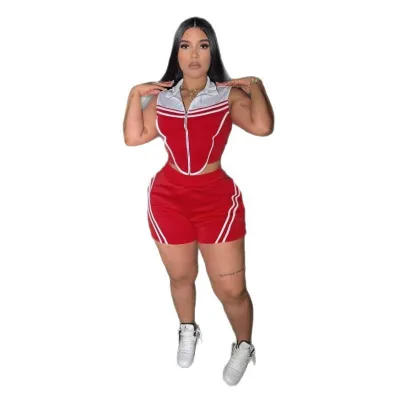 Women Casual Stripe Stitching Sleeveless Stretch Slim-Fit Top Shorts Two-Piece Set
