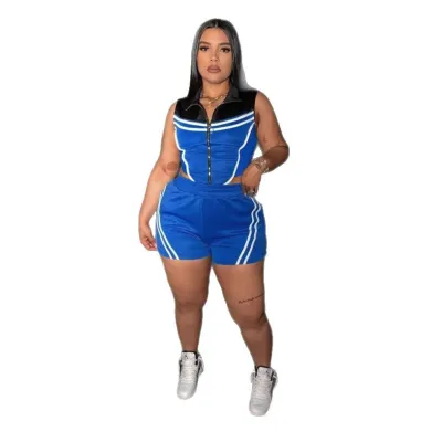 Women Casual Stripe Stitching Sleeveless Stretch Slim-Fit Top Shorts Two-Piece Set