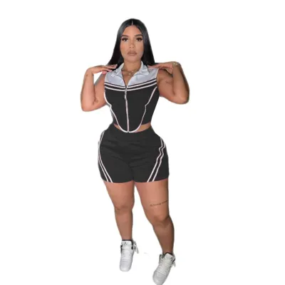 Women Casual Stripe Stitching Sleeveless Stretch Slim-Fit Top Shorts Two-Piece Set