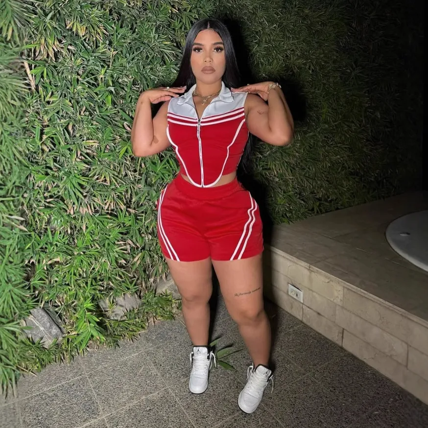 Women Casual Stripe Stitching Sleeveless Stretch Slim-Fit Top Shorts Two-Piece Set