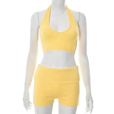 Women Spring Summer Solid Color Rib-Knit Halter Neck Top Shorts Set