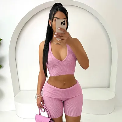 Women Spring Summer Solid Color Rib-Knit Halter Neck Top Shorts Set