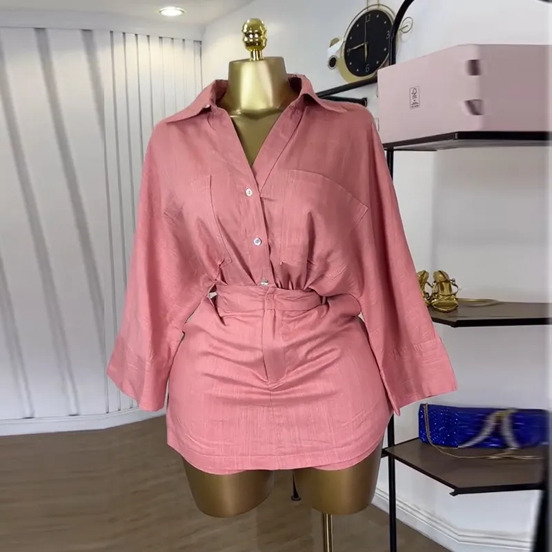 Women Summer Casual Bat Sleeve Shirt High Waist Shorts Two-Piece Set